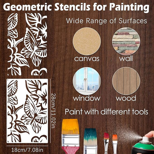 Yazhiji 8PCS Geometric Stencils for Painting, Reusable Large Size Geometric Painting Stencils Abstract Layering Stencil for Painting on Wood Canvas Furniture Wall Floor Decor Drawing DIY Art Supplies