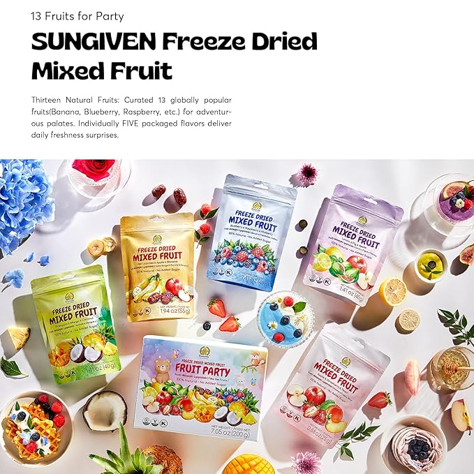SUNGIVEN Freeze Dried Fruit Party with 10+ Fruits, Mixed Fruits Variety Pack of 5 Bag, 7.06 oz, Health Snack, Fruit Crisps, Freeze Dried Apple Strawberry Berries Lemon Coconut Fig Mango Pineapple, No Sugar Added, Made with 100% Fruit
