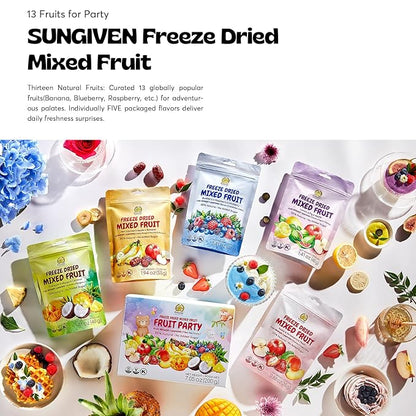SUNGIVEN Freeze Dried Fruit Party with 10+ Fruits, Mixed Fruits Variety Pack of 5 Bag, 7.06 oz, Health Snack, Fruit Crisps, Freeze Dried Apple Strawberry Berries Lemon Coconut Fig Mango Pineapple, No Sugar Added, Made with 100% Fruit