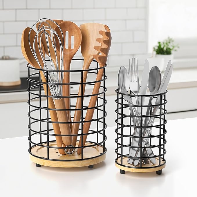 HBlife Coffee Pod Holder & Coffee Stirrers Holder Set, Metal and Wooden Coffee Bar Accessories Large Capacity Kitchen Counter Decor for Keurig K cup & Nespresso Vertuo (Black Wire)