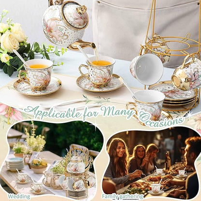 Zhehao 20 Pcs Porcelain Tea Set with Metal Holder and Spoon Adult Ceramic Tea Party Set European Flower Painting Teapot Cup Saucer Spoon Set for Women, Large Version(Traditional Style)