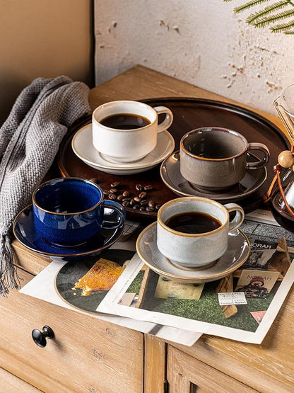 Gomakren 6 Ounce Cappuccino Cups with Saucers and Metal Stand, Stackable Coffee Cup Set of 4, Porcelain Espresso Cups for Coffee Drinks, Cappuccino, Latte, Americano, Tea, Cobalt Blue