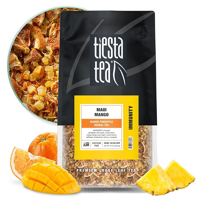 Tiesta Tea Maui Mango, Loose Leaf, Mango Pineapple Herbal Tea, Premium Non-Caffeinated Fruit Blend, Makes Hot or Iced & Brews Up to 200 Cups, 16 Ounce Resealable Bulk Pouch