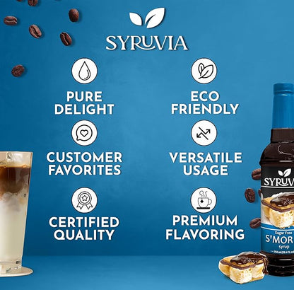 Syruvia Sugar Free Coffee Syrup, S'mores Flavored Syrup for Drinks, Lattes, and Desserts – 25.4 fl oz, With Pump