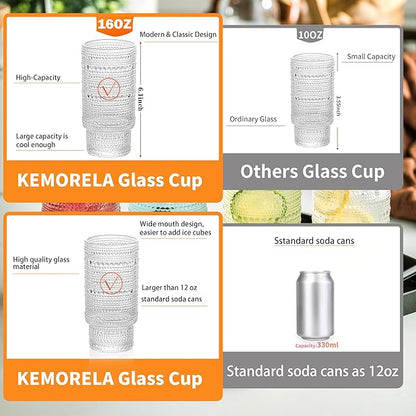 KEMORELA Glass Cups Vintage Glassware Set of 6 Large, Hobnail Drinking Glasses, 16oz Glass Cups With Straws, Romantic Hobnail Highball Glasses, Bar Beverages Ice Coffee Cup Glassware