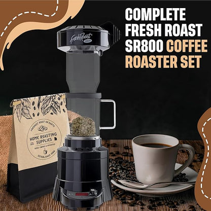 Fresh Roast Coffee Roaster Bundle SR800, Glass Extension Tube, Coffee Bean Cooler, (2 Lbs) Sample Pack of Green Beans, (2- pack) Sample trays