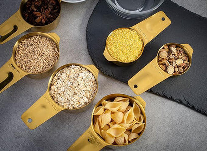 Set of 7 Heavy Duty Measuring Cups, 18/8 Stainless Steel with Ring Connector, Gold