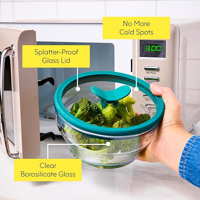 Anyday 4-Cup Glass Food Storage with Glass Lid, Round Shallow Dish | Plastic-Free Meal Prep & Microwave Cookware | Stackable Airtight Storage Container with Vented Lid for Microwave-Safe Reheating