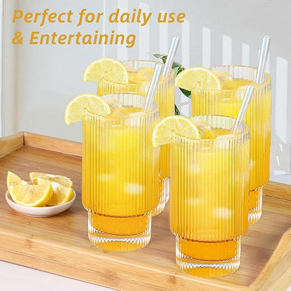 Ribbed Glassware Set of 4, 20oz Origami Style Drinking Glass Cup with Lid and Straw, Iced Coffee, Cocktail, Beer, Juice Stackable Drinking Glasses, Perfect for indoor and outdoor use