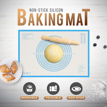 28 * 20 inches Blue, Non-Slip Silicone Baking Sheets - Baking Mat with 0.7mm Thickness - Non-Stick Pastry & Cookie Mat for Kitchen Counter for Rolling Out Dough with Measurements.