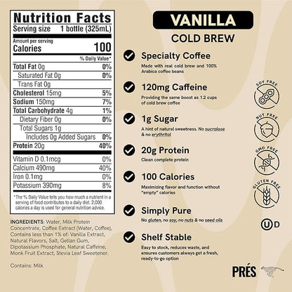 Protein Coffee - Real Cold Brew with Creamy Vanilla - 20g Ready To Drink Protein - 1g Sugar - 100 Calories - No Added Sugar, 99% Lactose Free Keto Friendly Proffee - 11 FL OZ - 12pk Vanilla