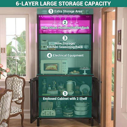 Aheaplus Bar Cabinet with Power Outlets, 67" Tall Wine Bar Cabinet Liquor Cabinets with LED Lights and Glass Holder, Coffee Bars Station for Living Room, Microwave Stand Bakers Rack Cabinets, Black