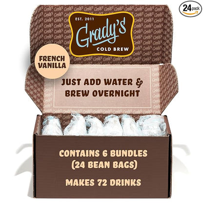 GRADY’S COLD BREW, French Vanilla, 100% Arabica Ground Coffee & Chicory Pouches | SIX Bundles of 4 Easy-to-Brew Bean Bags, Makes 72 drinks