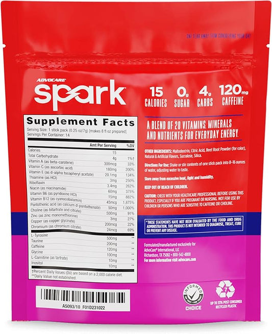 AdvoCare Spark - Energy Drink Mix - Vitamin & Amino Acid Supplement - Supports Energy & Focus - Portable Immune Support - Sugar-Free - Fruit Punch - 2 Pack (14 Stick Packs, 3.5 oz)