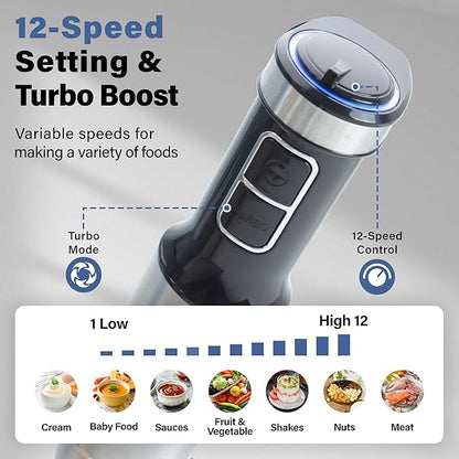 Immersion Blender Handheld, 5 in 1 Hand Blender, 12 Speed Stainless Seel Immersion Blender, Whisk, Chopper, Beaker, Beaters