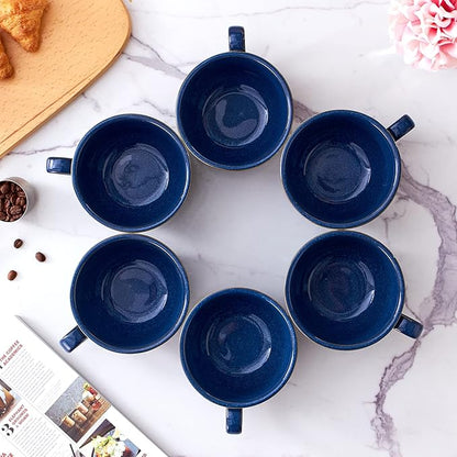 Set of 6 Cups Vintage Design 12 oz Professional Barista Ceramic Latte Art Cappuccino Cups Set (Embossed Blue * 6)