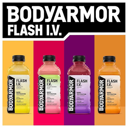 BODYARMOR Flash I.V. Electrolyte Beverage, Tropical Punch, Hydration Drink with Coconut Water For Rapid Rehydration, Post Workout Recovery, 20 Fl Oz (Pack of 12)