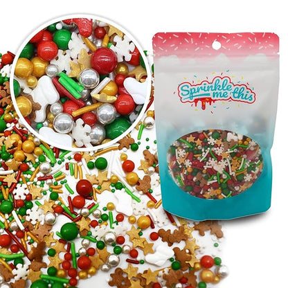 Christmastime Treasures - 8 Oz Resealable Bag - Christmas Themed Sprinkle Mix - Features Snowflake Quins, Santa Boot Quins, Red, Silver, and Green Pearls and More - Ice Cream and Cake Sprinkles