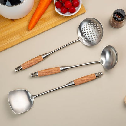 FJNATINH Metal Spatula,Wok Utensil Wok Spatulas for Kitchen Use Cooking Utensils Spatula for Cooking,Wooden Handle