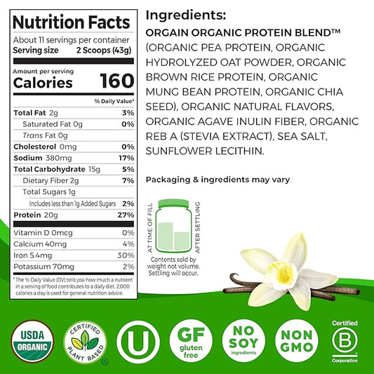 Orgain Organic Vegan Protein Powder + Oat Milk, Vanilla Bean - 20g Plant Based Protein, Gluten Free, No Dairy, Soy or Lactose Ingredients, Low Sugar, Non-GMO, Kosher, For Shakes & Smoothies - 1.05lb