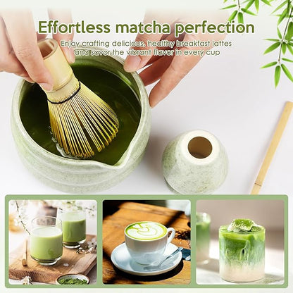 Matcha Whisk Set, 7 PCS Matcha Kit for Tea Ceremony, Matcha Whisk and Holder, Ceramic Matcha Bowl with Spout, Bamboo Scoop, Scoop Holder, Stainless Matcha Sifter and Tea Towel