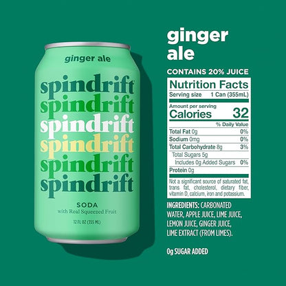 Spindrift Soda Ginger Ale Soda Made with Real Squeezed Fruit 12 Pack Case