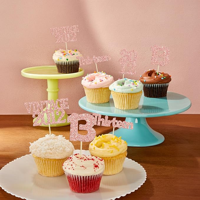 Gyufise 24Pcs 13th Birthday Cupcake Toppers Glitter Thirteen Vintage 2012 Hello 13 Years Birthday Cupcake Picks Official Teenager 13 Cake Decor for Happy 13th Anniversary Party Rose Gold