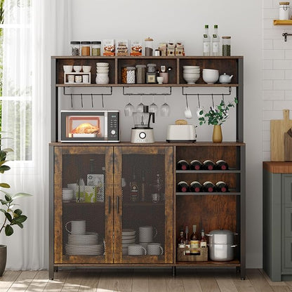 Loomie Wine Bar Cabinet with LED Lights, Industrial Coffee Bar with 3 Storage Compartments & Wine Rack &Glass Holder,Sideboard Buffet for Liquor and Glasses,Liquor Cabinet,Rustic Brown