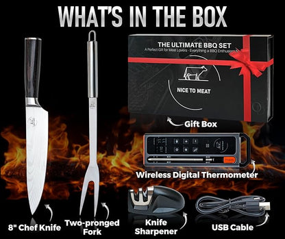 WiFi and Bluetooth Meat Thermometer Digital Wireless BBQ Set - Long Range Connection with Chef Knife, Fork, Meats Temperature Probe,Meat Thermometer Grilling, Smoking Cooking, BBQ Gift for Men