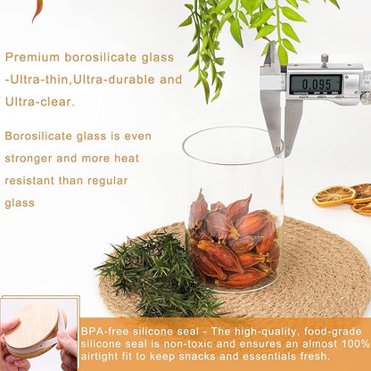 Glass Food Storage Containers Jars with Airtight Bamboo Lid 12 oz 9 pcs, 340 ml Pantry Organization Jar, Glass Terrarium with Lid, Spice, Flour and Sugar Container, Canister Set for Kitchen Counter