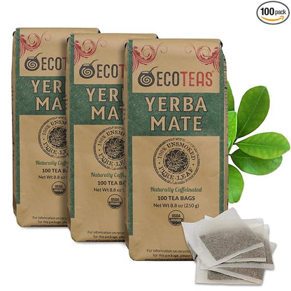 ECOTEAS PremiumOrganic Yerba Mate Tea Bags – Natural Energy & Detox Herbal Tea – Coffee Alternative - Kosher, Non-GMO, Gluten-Free - 100 Unsmoked Bulk Bags, 8.8 oz (Pack of 3)