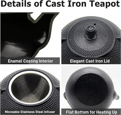 Japanese Tetsubin Tea Kettle Set with Cups, Cast Iron Teapot with Stainless Steel Infuser and Enameled Interior (900ml)