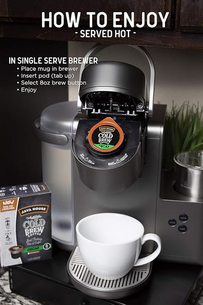 Java House Single-Serve Cold Brew Coffee Pods – Premium 100% Arabica Liquid Concentrate – Smooth & Bold Decaf Roast – 6 Pods – Ready Hot or Iced, Travel-Friendly, TSA Approved