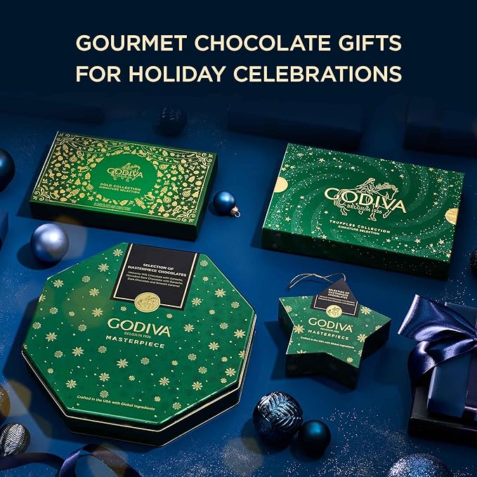 Godiva Holiday Signature Truffle in Green Gift Box, Belgian Dark and Milk Chocolates with Ganache Centers, Gourmet Christmas Gift, Non-GMO & Kosher, 15 Pc