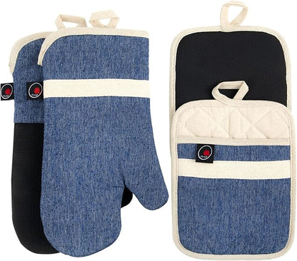 Oven Mitts and PotHolders Sets, 4 Pcs Kitchen Oven Glove High Heat Resistant 400°F Pot Holders for Kitchen, Non-Slip Neoprene Oven Mitts are Suitable for Cooking, Baking (Blue)