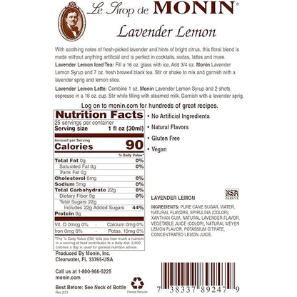 Monin - Lavender Lemon Syrup, Soothing Lavender & Citrus Flavored Syrup, Coffee Syrup, Natural Flavor Drink Mix, Simple Syrup for Coffee, Cocktails, Soda, & More, Gluten-Free, Clean Label (750 ml)