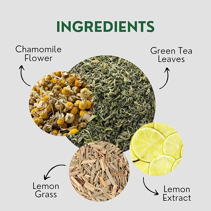 Tea Leaf & Co. Chamomile Green Tea Bags (50 Count), Green Tea with Lemon Extract and Lemongrass, Caffeinated, Real and Natura Green Tea, Blended with Fresh Herbs and Spices, Gluten Free