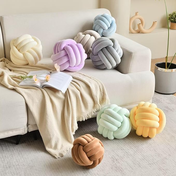 Decorative Throw Knot Pillow Ball for Home Chair Sofa Couch Bed Aesthetic Round Velvet Knotted Pillow Cushion (Coffee, 11 inches)