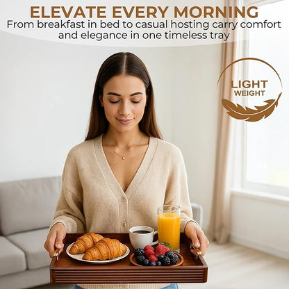 Acacia Wood Serving Tray with Metal Handles – 17x12in Rustic Decorative Ottoman & Coffee Table Tray for Breakfast in Bed, Dinner, Bar, Kitchen, Home Décor & Entertaining