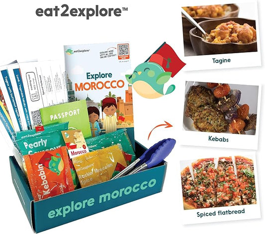 eat2explore Cooking Kits for Kids – Interactive & Educational Kids Cooking Sets Real for Ages 5 and Up,3 Recipe Cards & Global Ingredients – Fun Gift for Young Chefs (Morocco Edition)