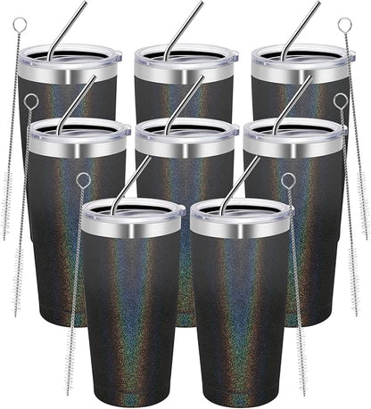 MEWAY 20oz Tumbler 8 Pack Double Wall Vacuum Insulated Travel Glitter Mug Bulk, Stainless Steel Tumblers with Lid and Straw, Powder Coated Coffee Cups for Woman(Gradient Black or Navy,Set of 8)