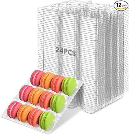 24 PCS Macaron Boxes, 12-Slot Dessert Cases for Macarons Small Cakes, Clear Plastic Macaron Storage Containers, Macaroon Packaging Display Trays for Cookie Wedding Party Gifts