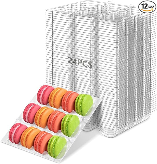 24 PCS Macaron Boxes, 12-Slot Dessert Cases for Macarons Small Cakes, Clear Plastic Macaron Storage Containers, Macaroon Packaging Display Trays for Cookie Wedding Party Gifts