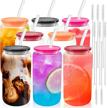 Joyclub 8pcs Glass Cups with Acrylic Lids and Straws 16 oz Can Shaped Glass Iced Coffee Cups with Lids and Straws, Cute Tumbler Cup Drinking Glasses for Smoothie Whiskey Boba Soda Tea Gift