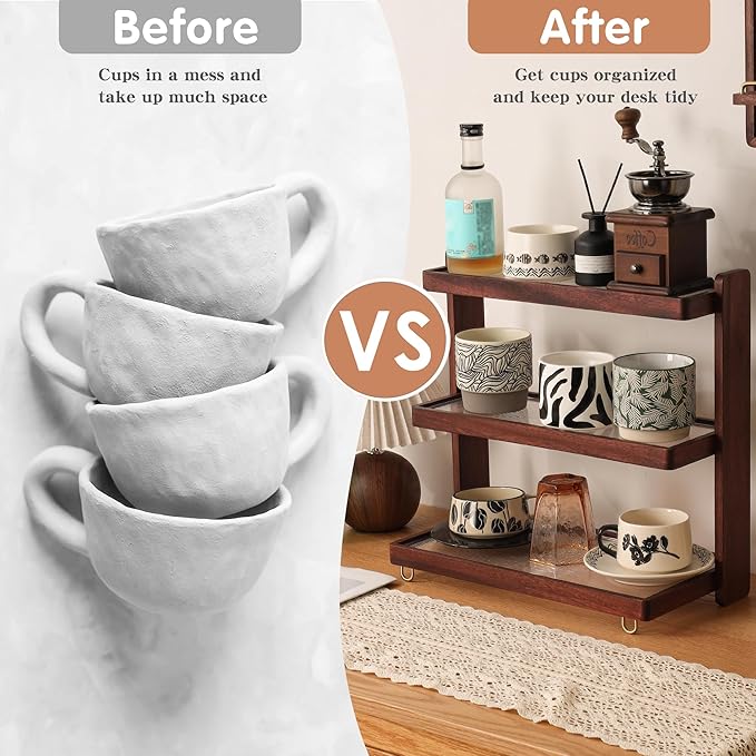Coffee Mug Holder Wooden Cup Rack,3-Tier Acrylic Home Wood Mug Display Rack for Kitchen Countertops, Coffee Bars, Syrup, Cups, Stirrers