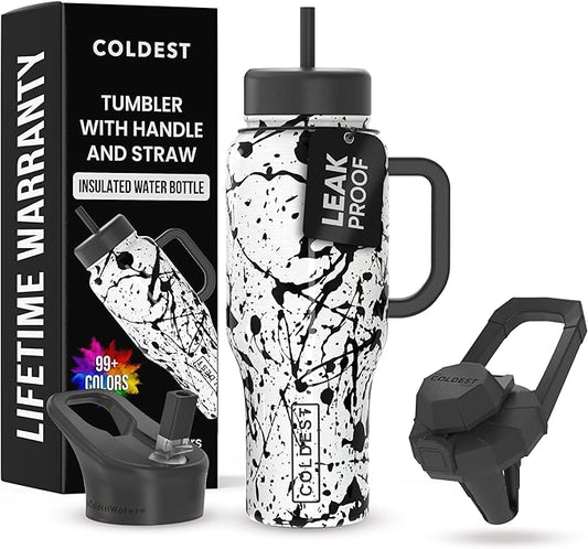 Coldest 40 oz Tumbler with Handle and Straw - 100% Leak Proof Insulated Tumbler with Lid and Straw (3 Lids) - Stainless Steel Tumblers for Women & Men - Cup Holder Friendly Base, 36 oz (Dark Matter)
