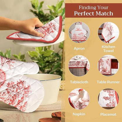 Maison d' Hermine 100% Cotton Oven Mitt & Pot Holder Set (7.5"x13" & 8"x8") Heat Resistant BBQ Cooking Gloves with Loop, Baking, Grilling, Kitchen, Handling Hot Pans (Holy Jouy - Red)