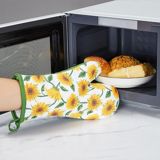 Oven Mitts and Potholders Dish Towles Set 100% Cotton for Perfect for Gifting, Baking, and Everyday Cooking Durable Heat Resistant for Kitchen and Machine Washable (3-Piece Sunflower)