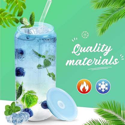 Joyclub 20oz Glass Cups with Acrylic Lids and Straws 8 Set Can Shaped Glass Iced Coffee Cups with Lids, Gradient Drinking Glasses Cute Tumbler Cup Great for Smoothie Soda Boba Tea Cocktail Beer Gift
