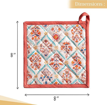 Maison d' Hermine Pot Holders Set 100% Cotton Heat Resistant Potholders 8" x 8" Hot Pads with Loop BBQ, Cooking, Baking, Grilling, Kitchen, Handling Hot Pans (Pack of 2, Romane)